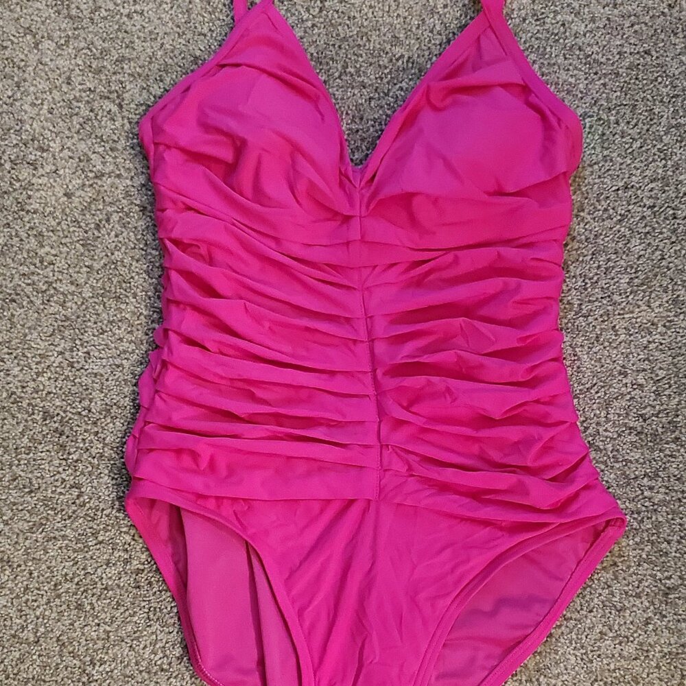 DKNY Women's Solid Pleated V-Neck One-Piece Swimsuit